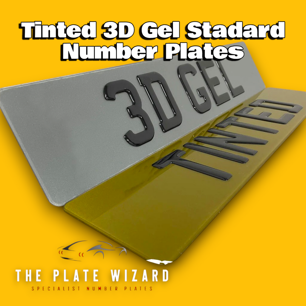 Tinted 3d gel show plates with dark finish in standard font 79mm for custom vehicles in northern ireland
