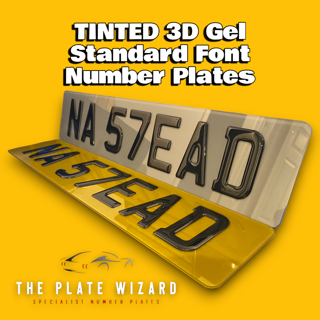Tinted 3d gel show plates with dark finish in standard font 79mm for custom vehicles in northern ireland