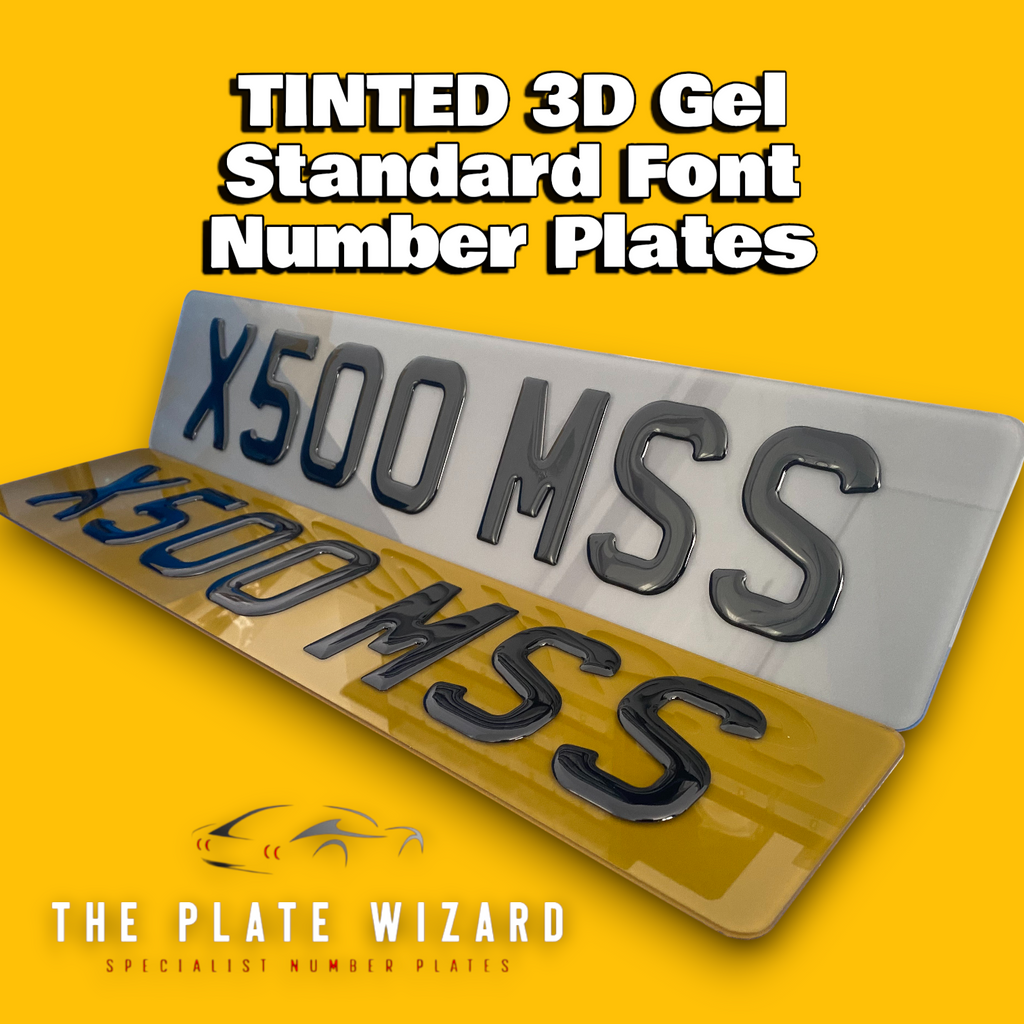 Tinted 3d gel show plates with dark finish in standard font 79mm for custom vehicles in northern ireland