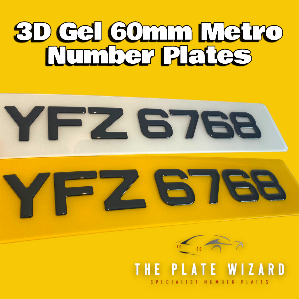 Two 3D gel number plates with black lettering reading 'YFZ 6768' are shown on a bright yellow background with promotional text reading '3D Gel 60mm Metro Number Plates' and the brand 'The Plate Wizard'.
