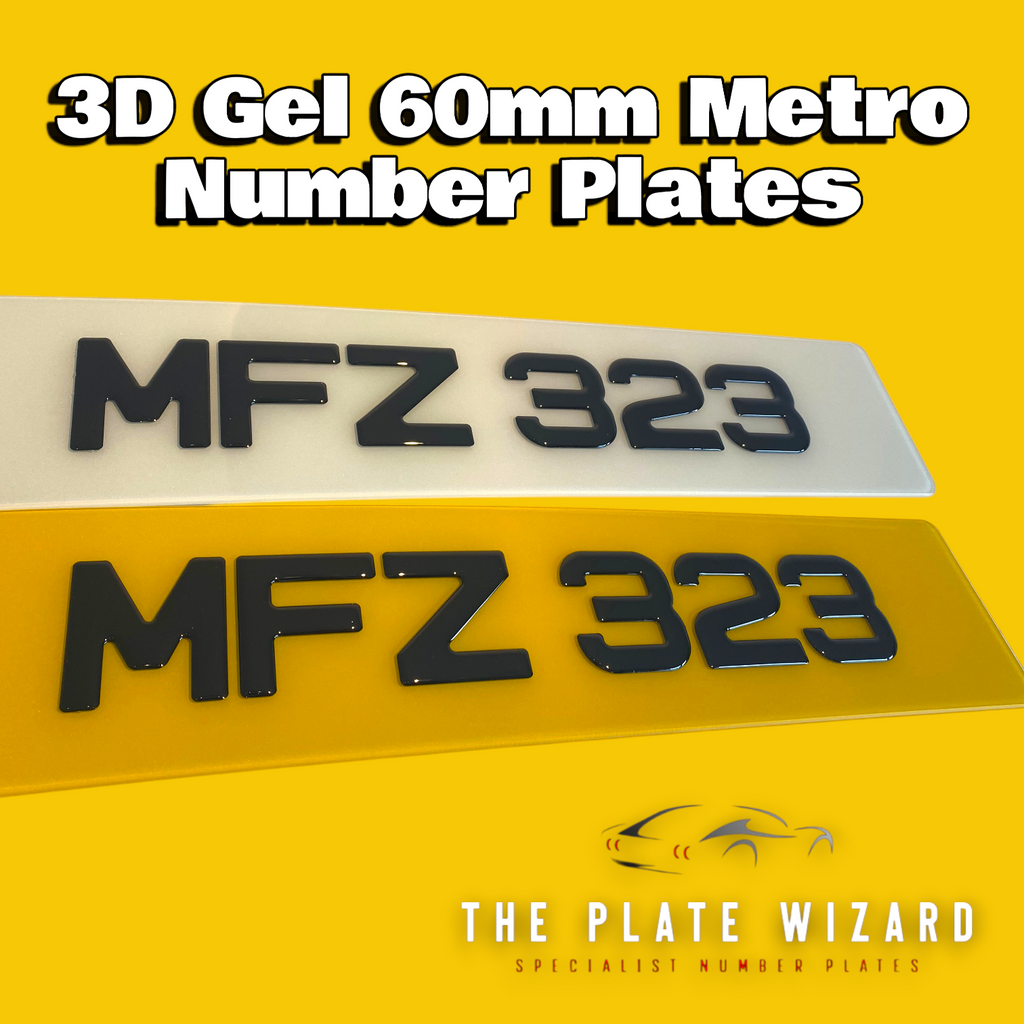 Two 3D gel number plates reading 'MFZ 323' shown on a bright yellow background, with large title text at the top and the brand/logo 'THE PLATE WIZARD' at the bottom.