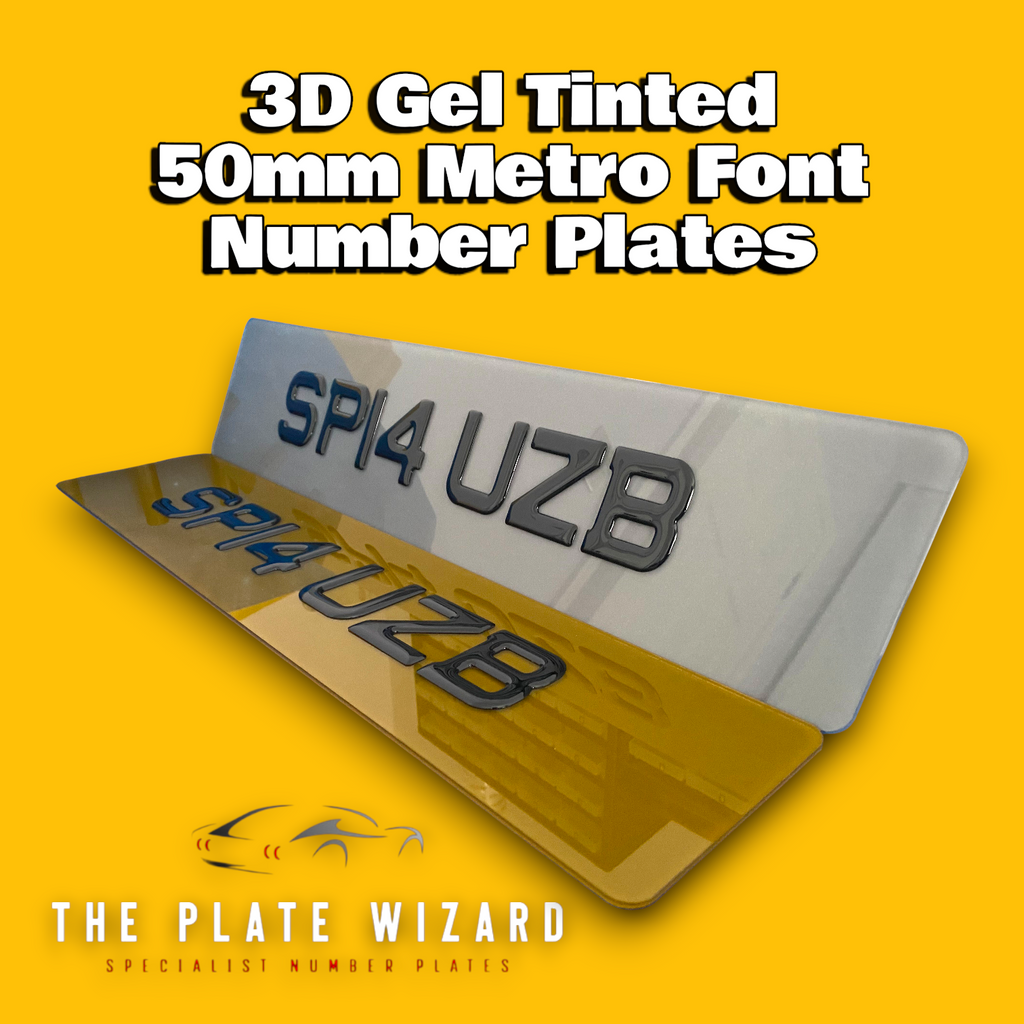 Tinted 3d gel 50mm metro font number plates made locally in northern ireland - NI