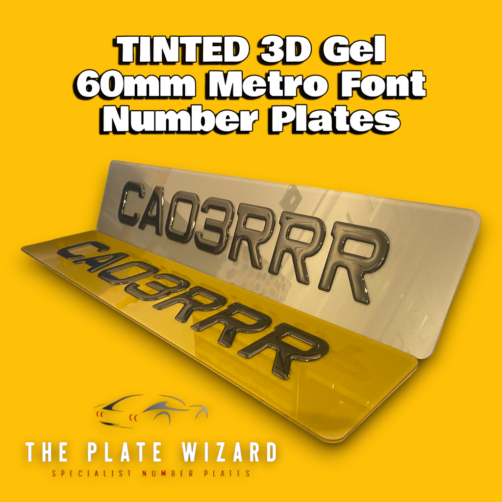 Tinted 60mm 3D Gel metro font number plates made locally in northern ireland