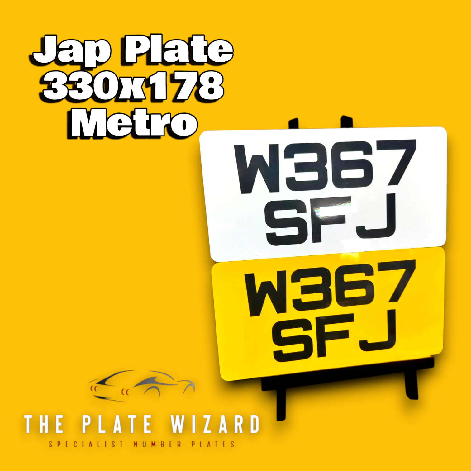 Jap/JDM Number plate with text 'W367 SFJ' on a yellow background, featuring 'The Plate Wizard' branding.
