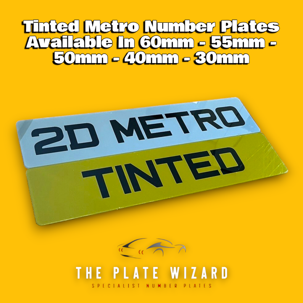Tinted metro font show plates with dark finish in multiple sizes 60mm to 30mm for custom vehicles
