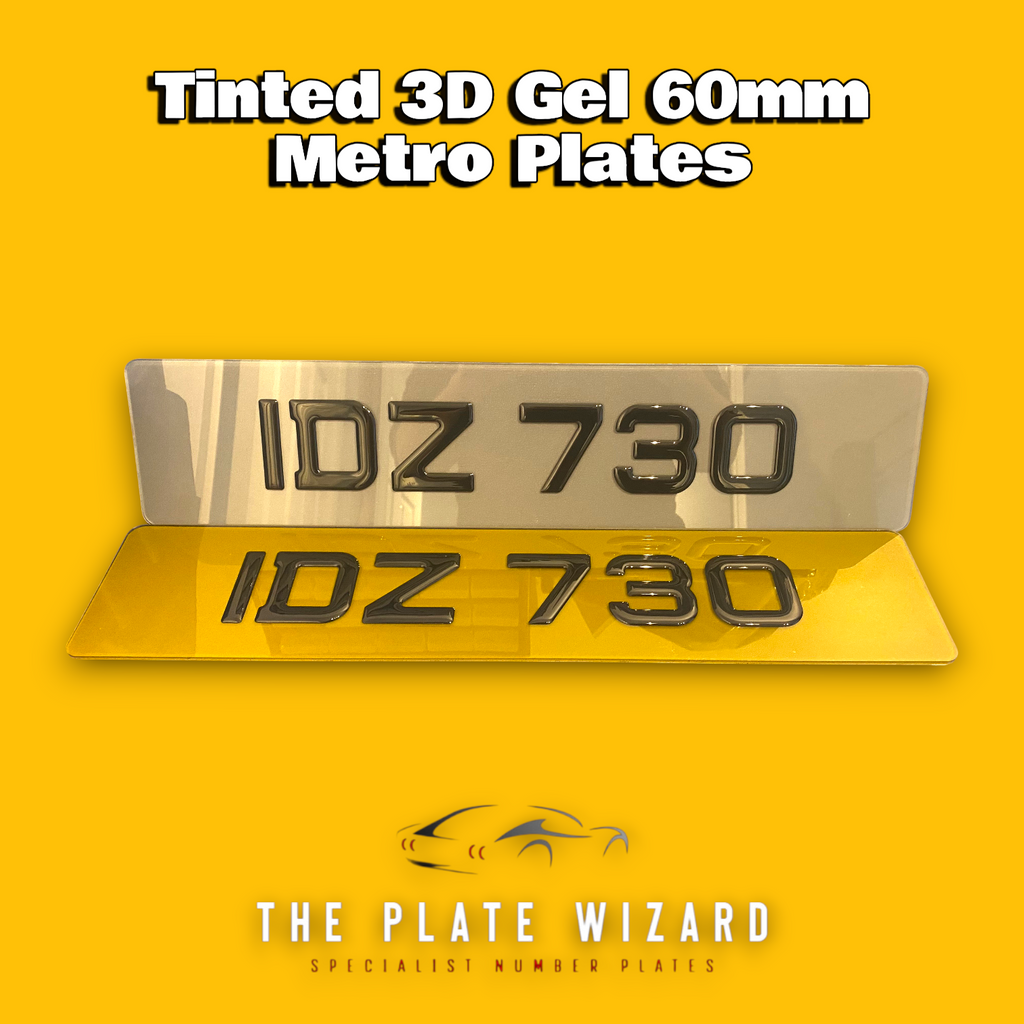 Tinted 60mm 3D Gel metro font number plates made locally in northern ireland