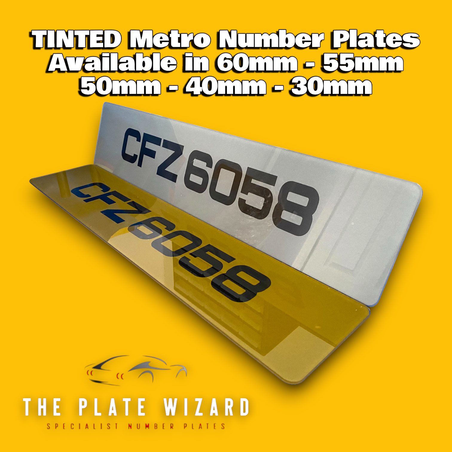 Tinted Metro number plates with size options on a yellow background, featuring 'The Plate Wizard' brand.
