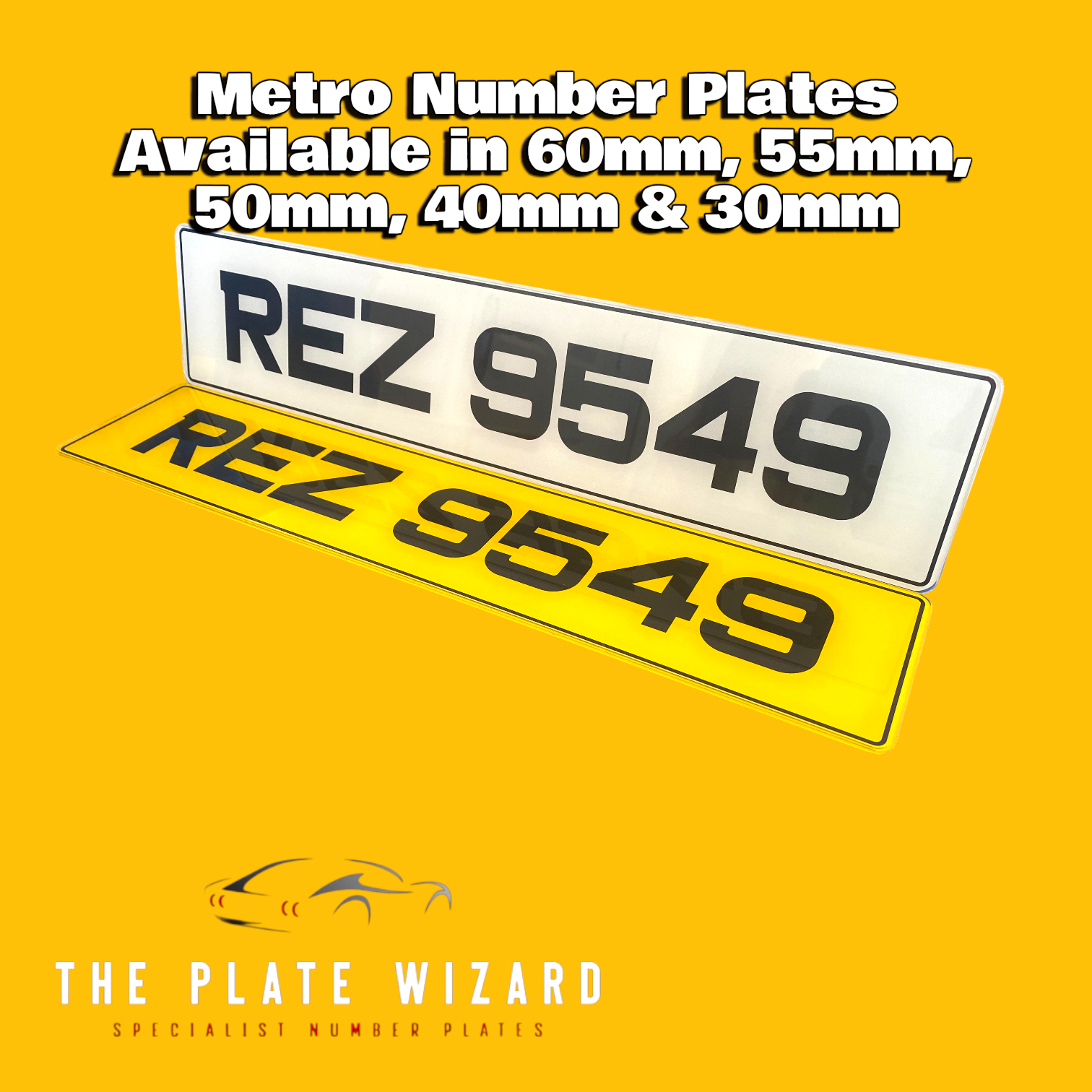 Metro any size White and yellow number plates with 'REZ 9549' text on a yellow background, featuring The Plate Wizard branding.