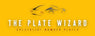 Logo of 'The Plate Wizard' on a yellow background with a car silhouette.